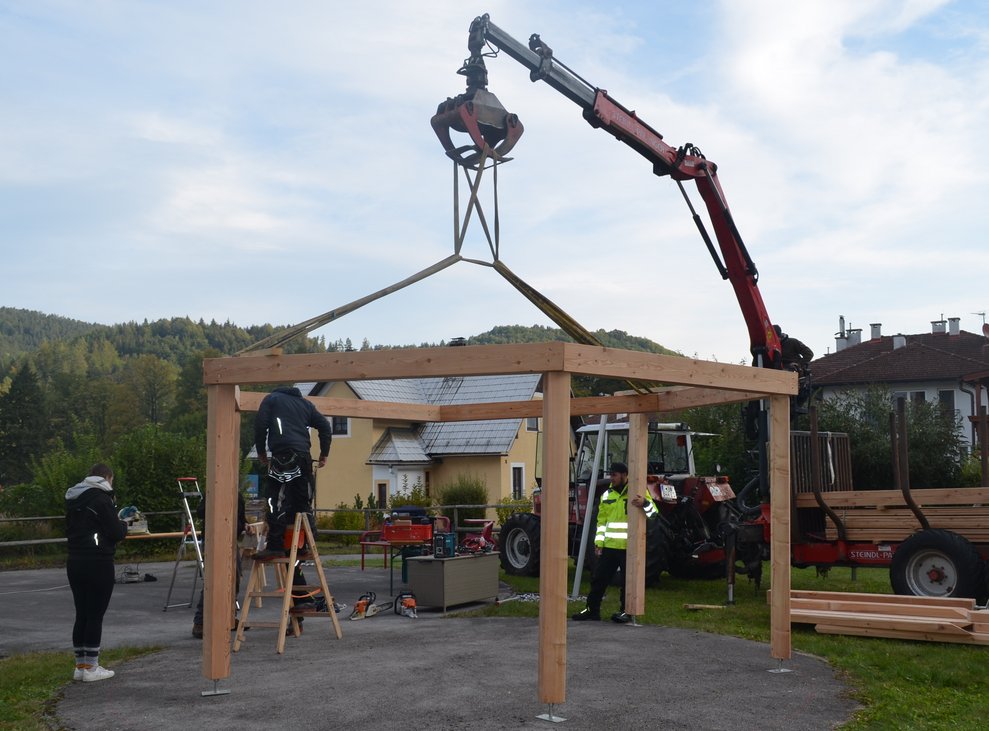 Kranwagen hebt das Holz an